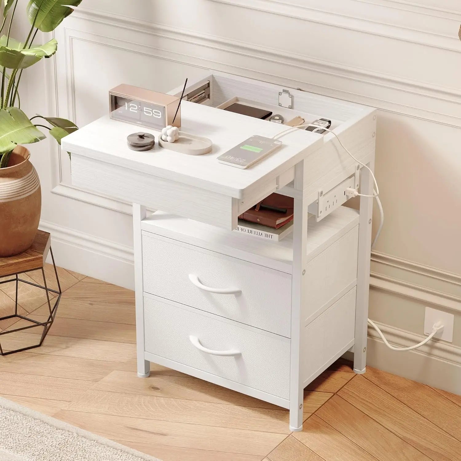 Nightstand Hidden Drawer Charging Table Charger Station