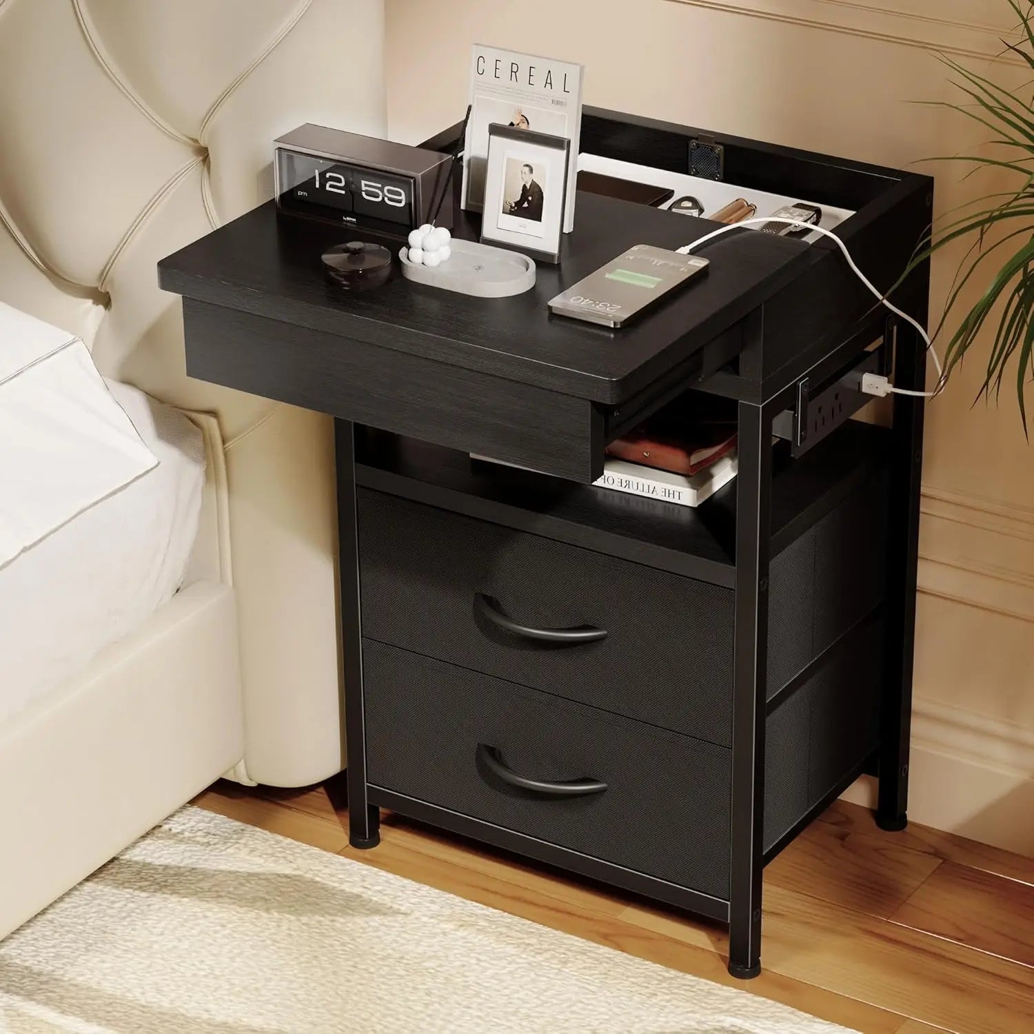 Nightstand Hidden Drawer Charging Table Charger Station