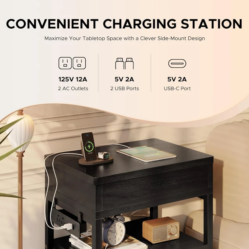 Nightstand Hidden Drawer Charging Table Charger Station